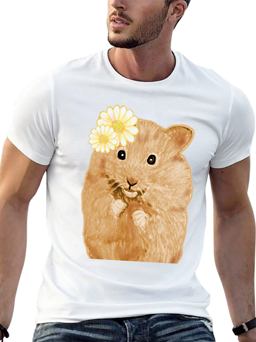 Hamster Wearing Flowers Black T-Shirt