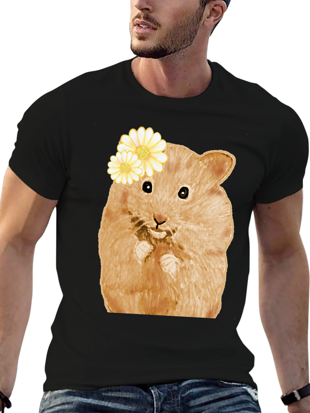 Hamster Wearing Flowers Black T-Shirt