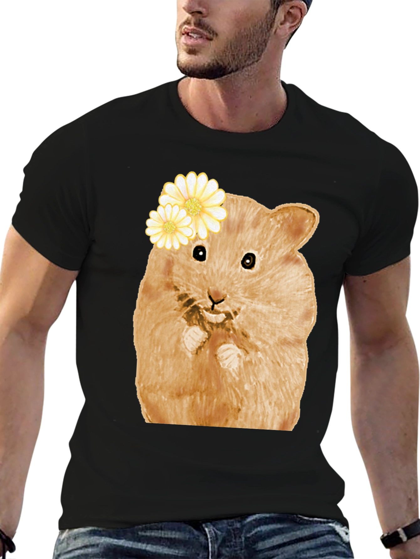 Hamster Wearing Flowers Black T-Shirt