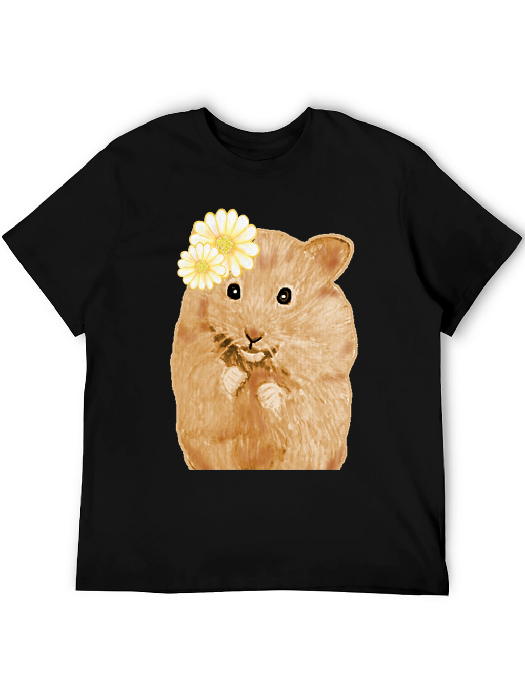 Hamster Wearing Flowers Black T-Shirt