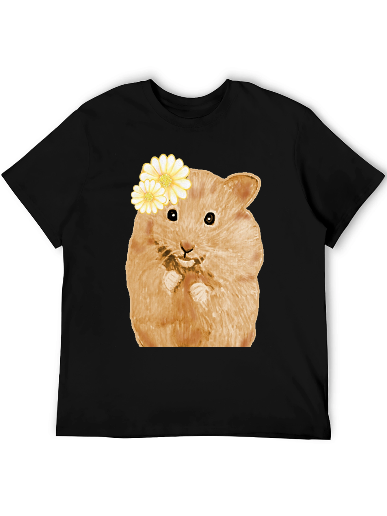 Hamster Wearing Flowers Black T-Shirt