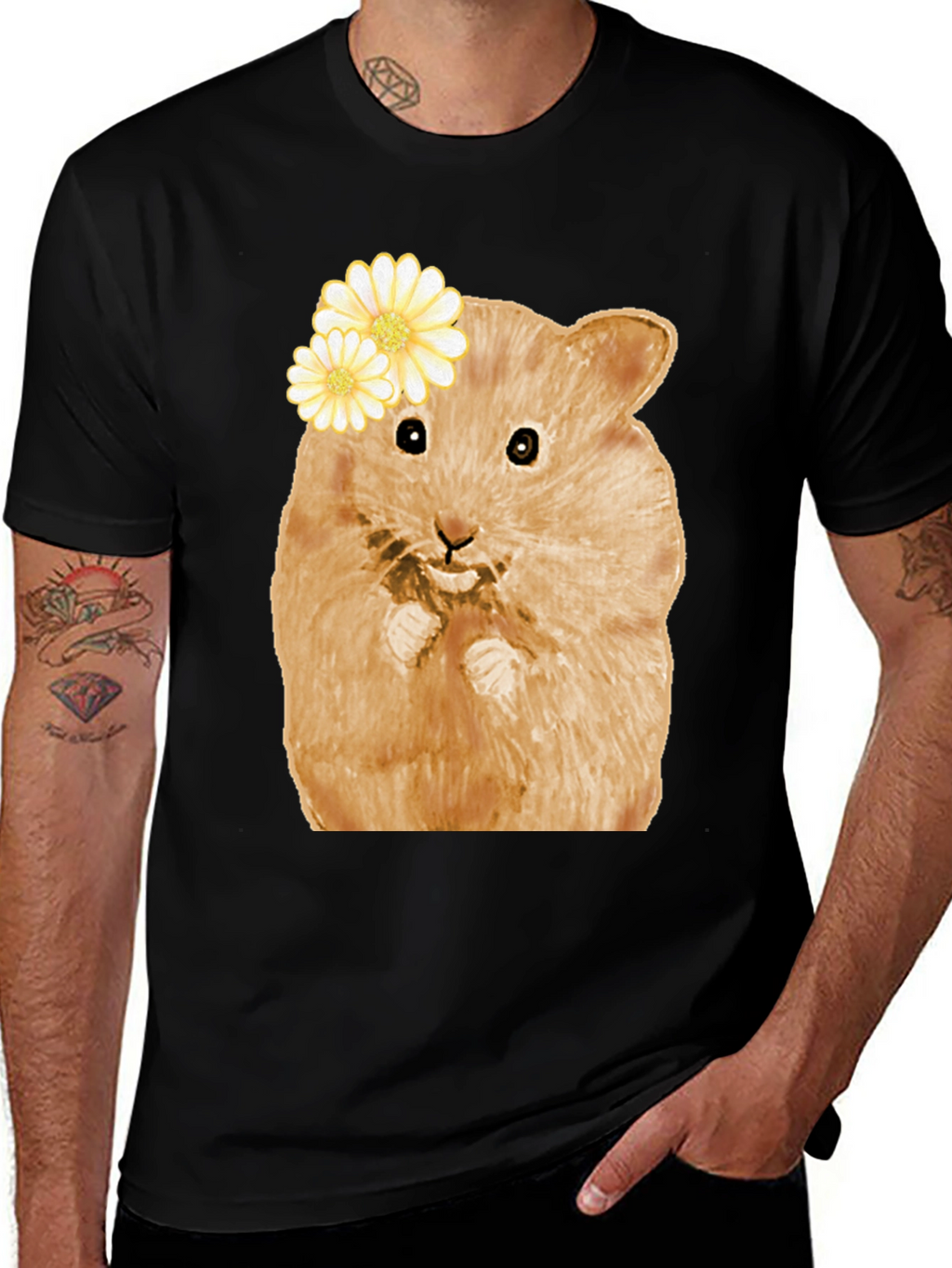 Hamster Wearing Flowers Black T-Shirt