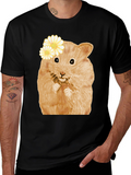 Hamster Wearing Flowers Black T-Shirt