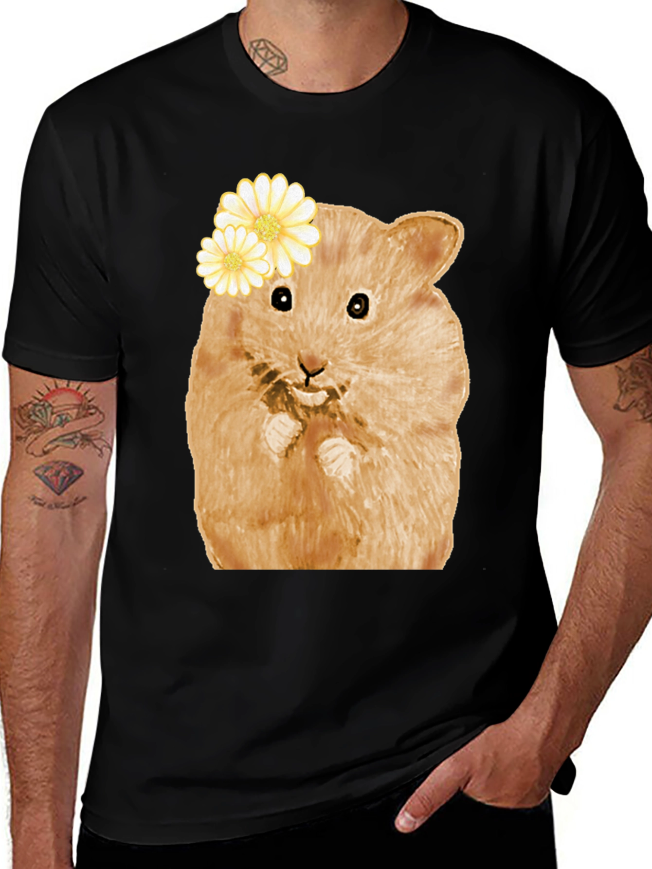 Hamster Wearing Flowers Black T-Shirt