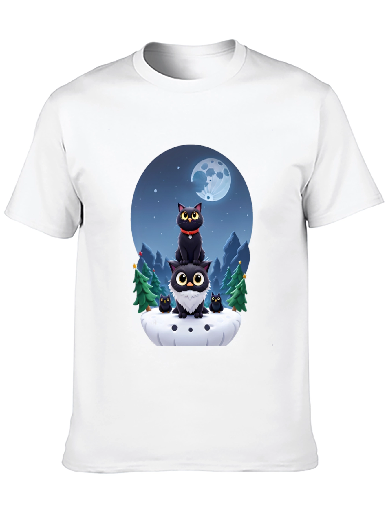Cute Cats & Moon T-Shirt - Black