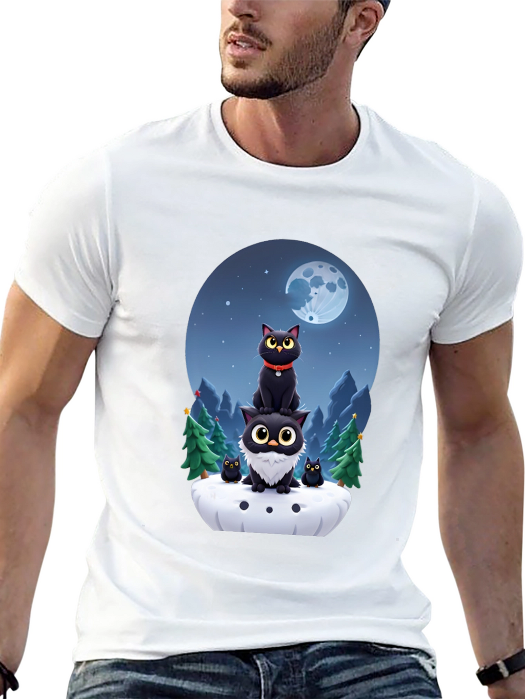 Cute Cats & Moon T-Shirt - Black