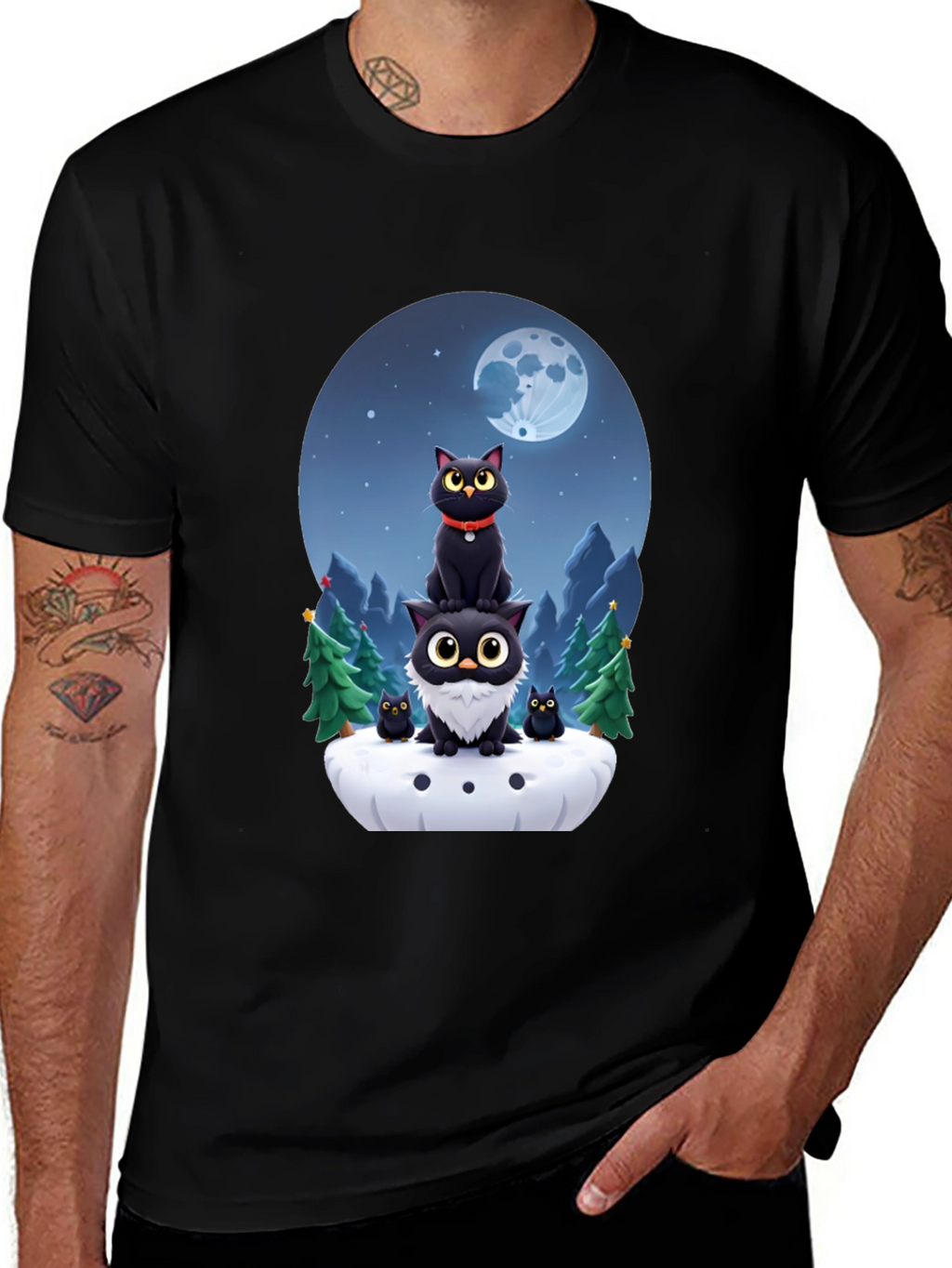 Cute Cats & Moon T-Shirt - Black