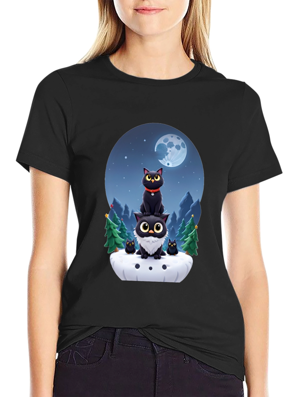 Cute Cats & Moon T-Shirt - Black