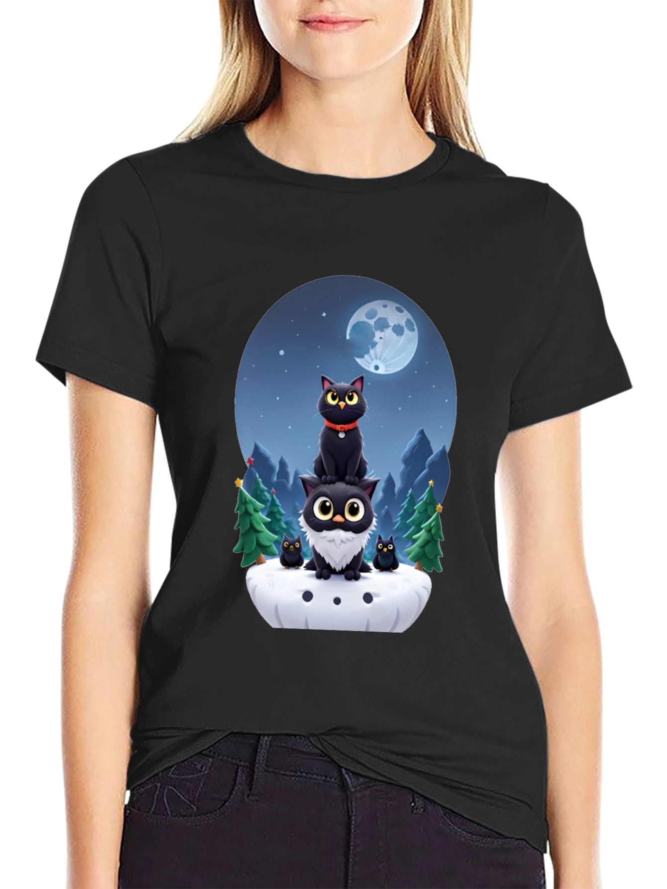 Cute Cats & Moon T-Shirt - Black