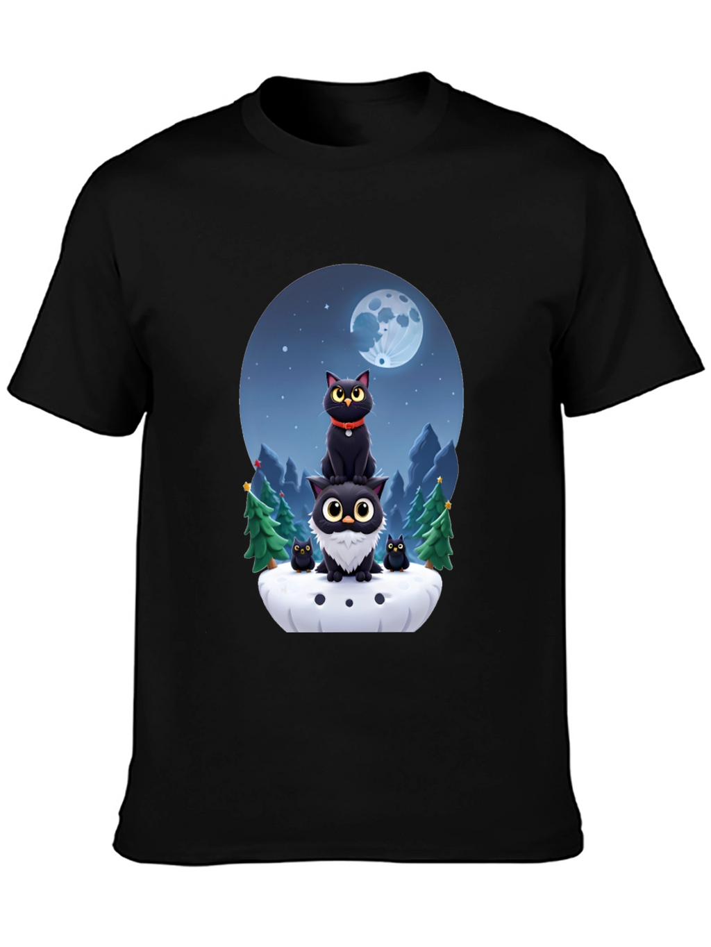 Cute Cats & Moon T-Shirt - Black