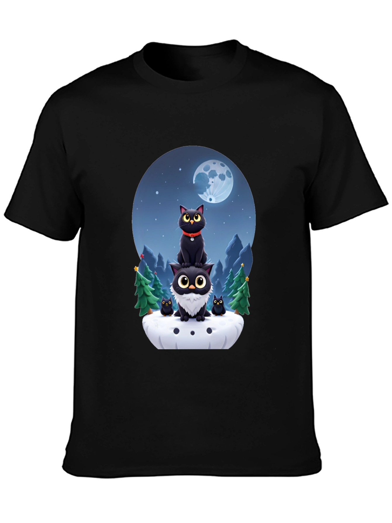 Cute Cats & Moon T-Shirt - Black