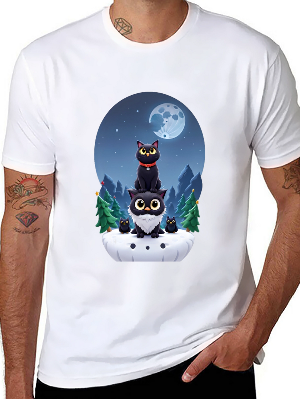 Cute Cats & Moon T-Shirt - Black