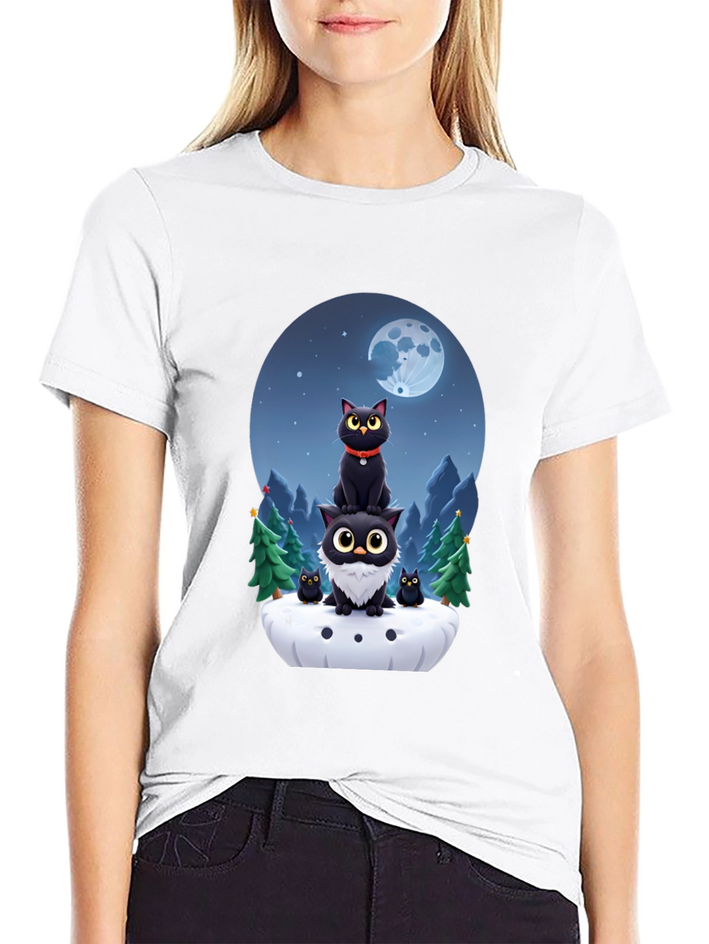 Cute Cats & Moon T-Shirt - Black