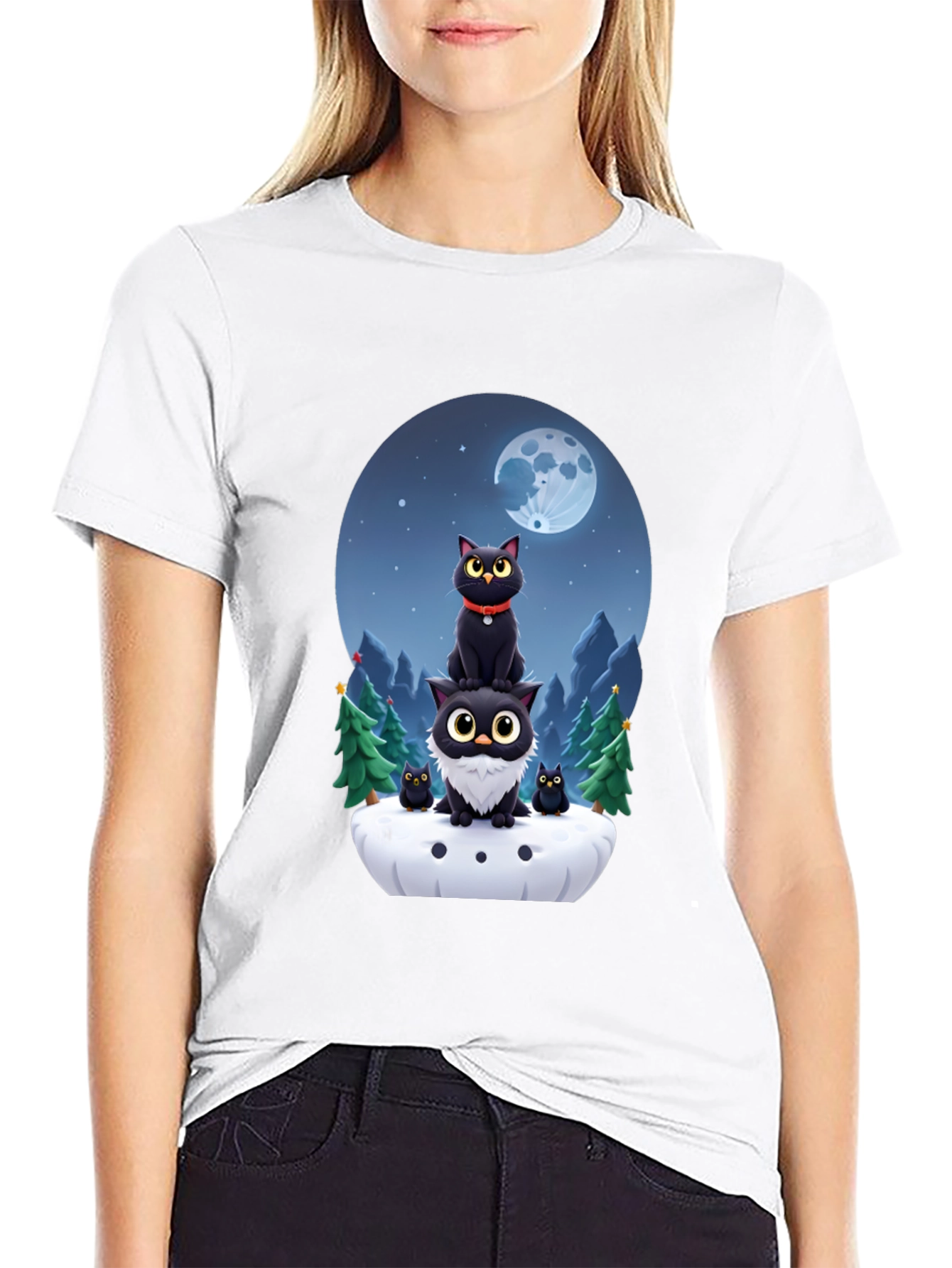 Cute Cats & Moon T-Shirt - Black