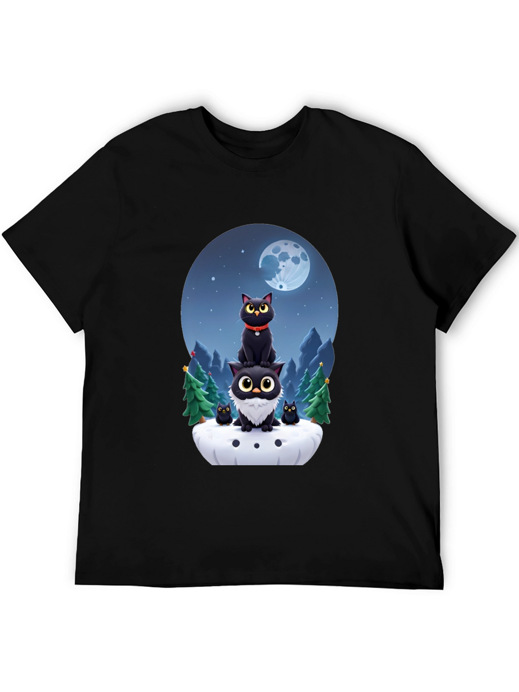 Cute Cats & Moon T-Shirt - Black