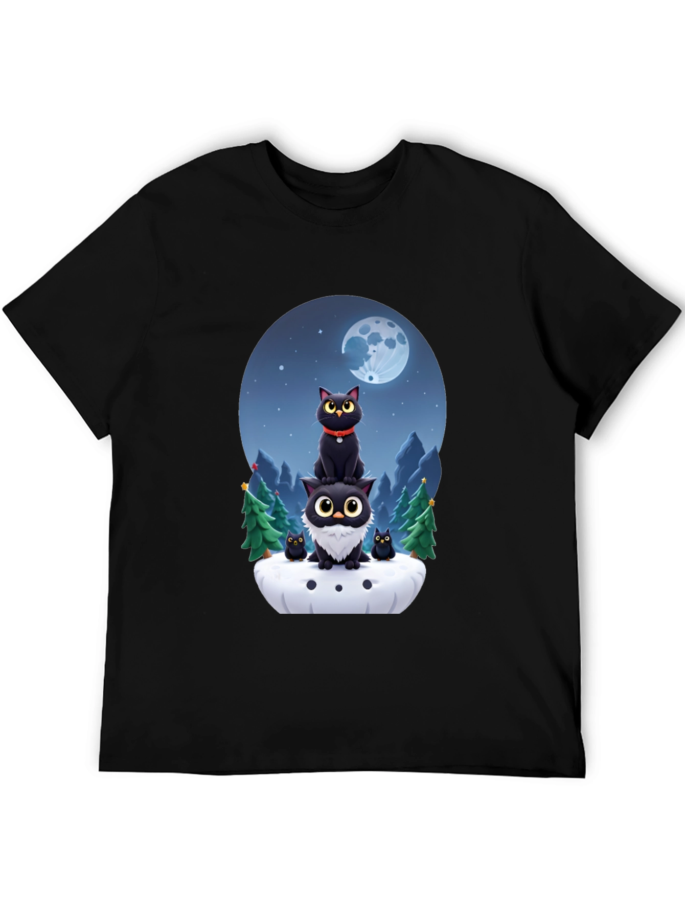 Cute Cats & Moon T-Shirt - Black