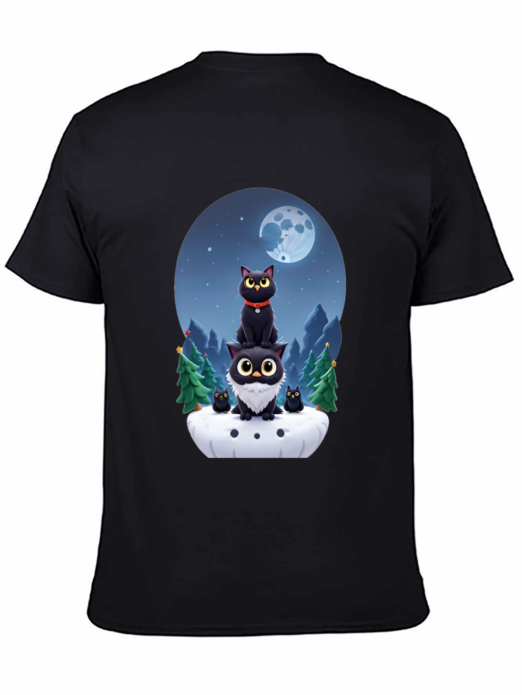 Cute Cats & Moon T-Shirt - Black