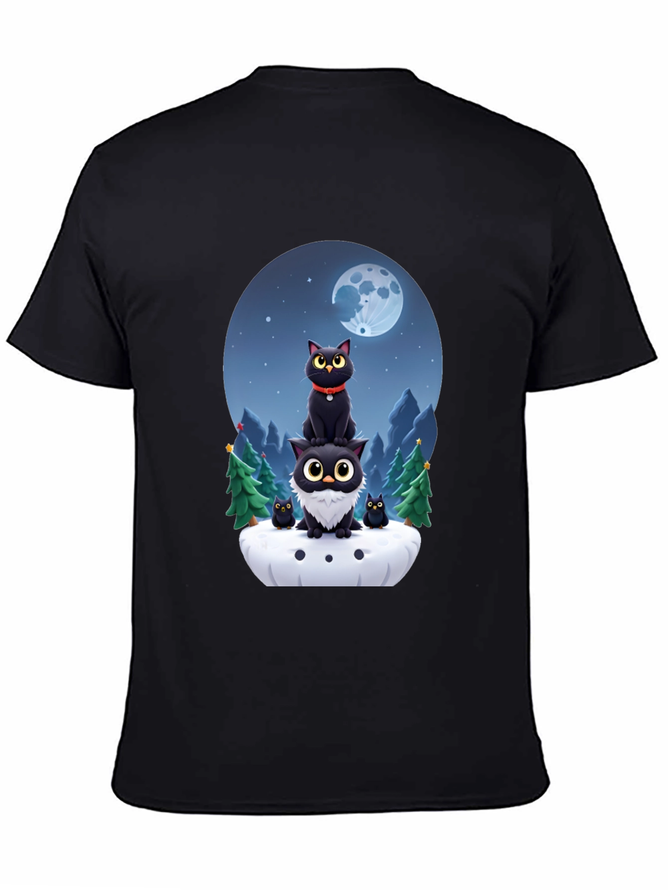 Cute Cats & Moon T-Shirt - Black