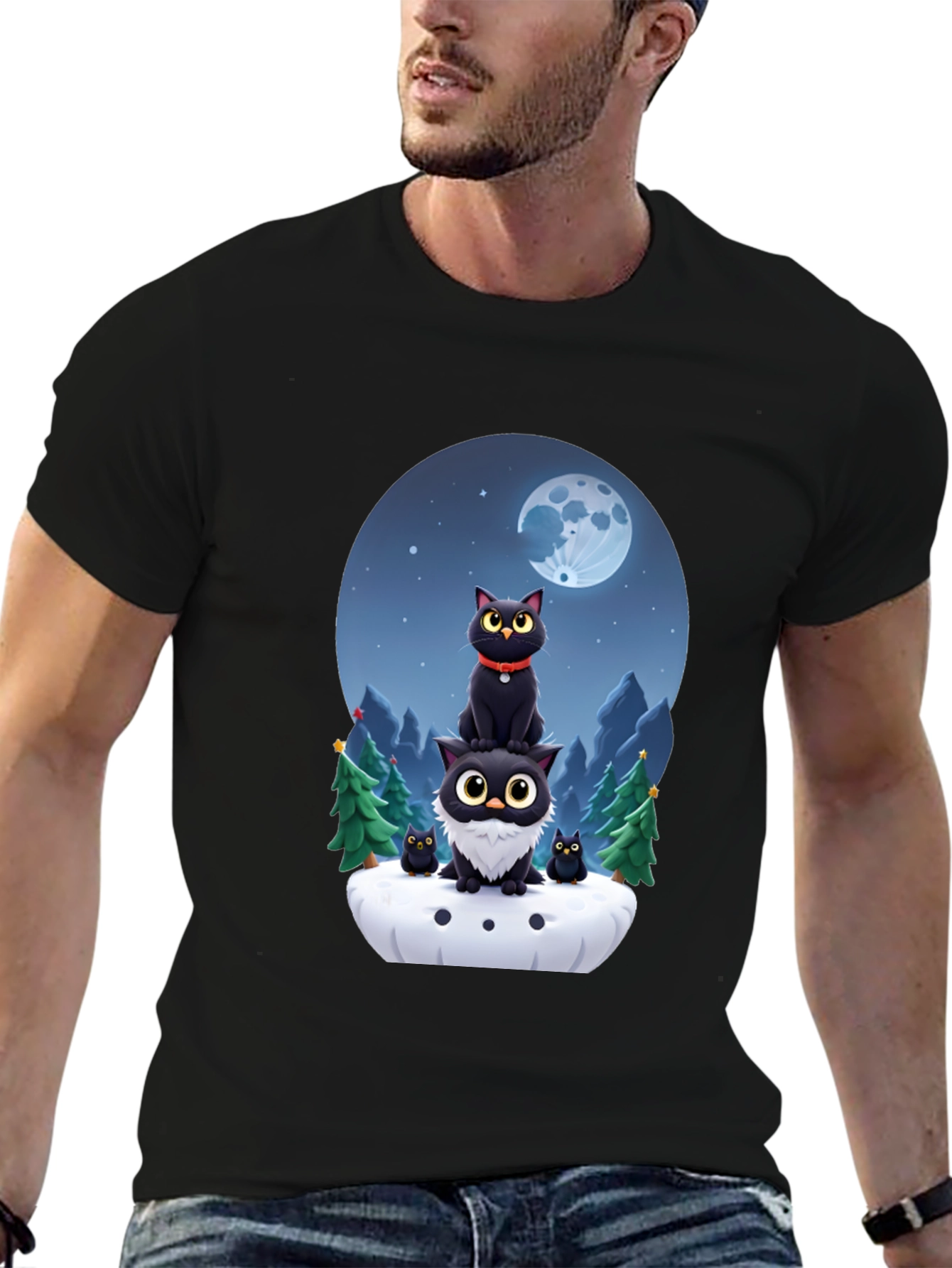 Cute Cats & Moon T-Shirt - Black