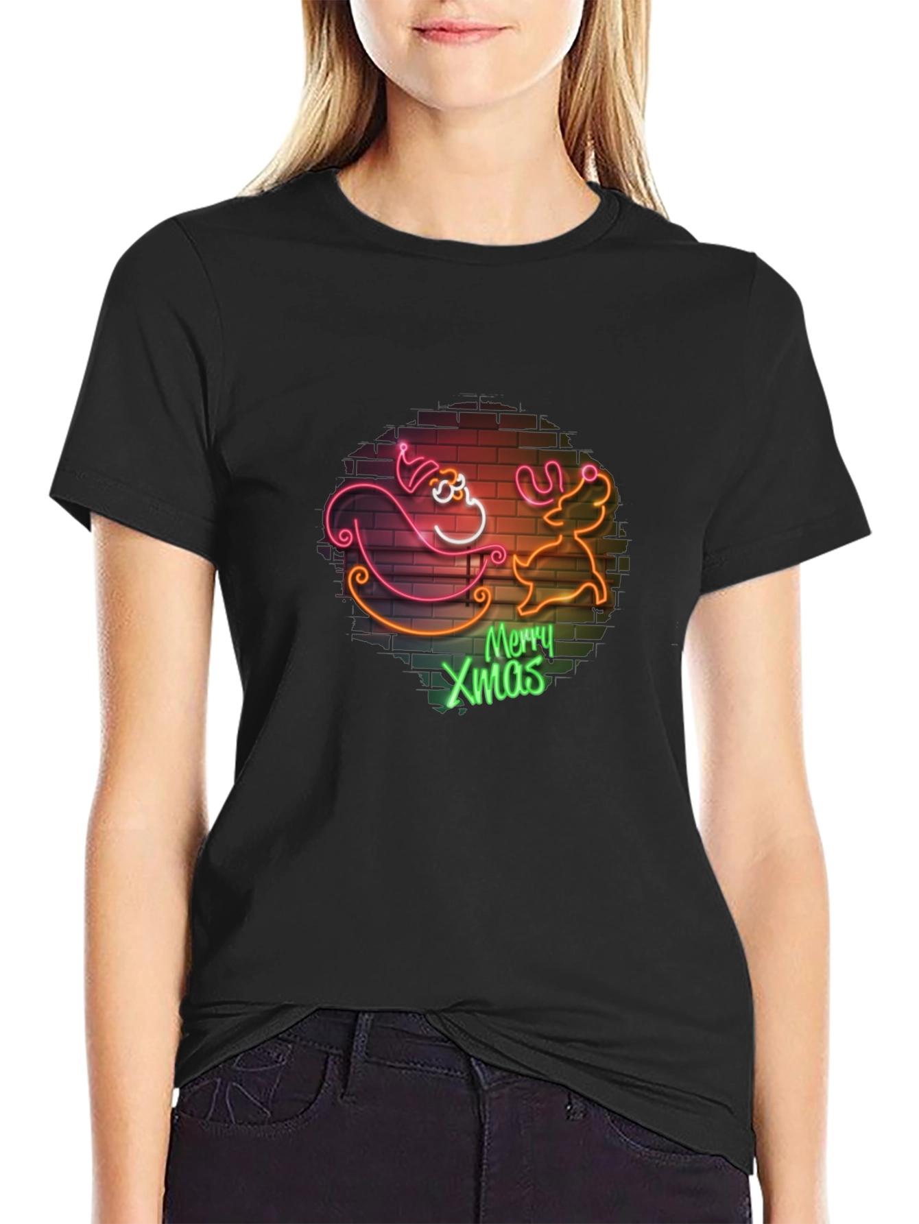 Merry Xmas Santa & Reindeer Neon T-Shirt
