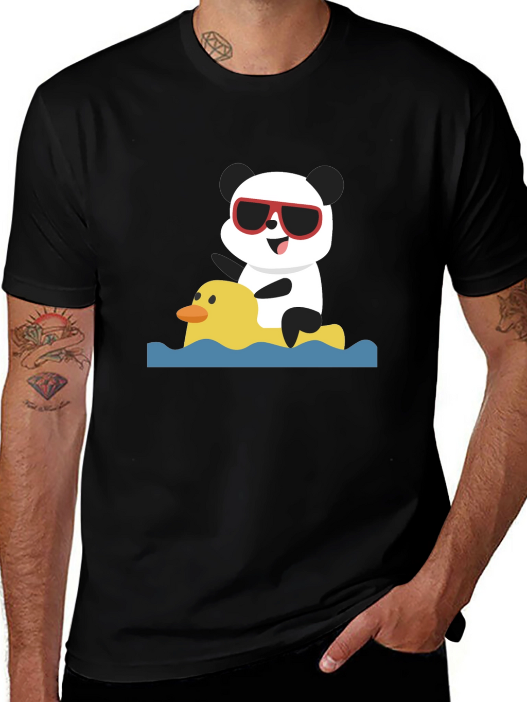Panda Duck Ride Black T-Shirt