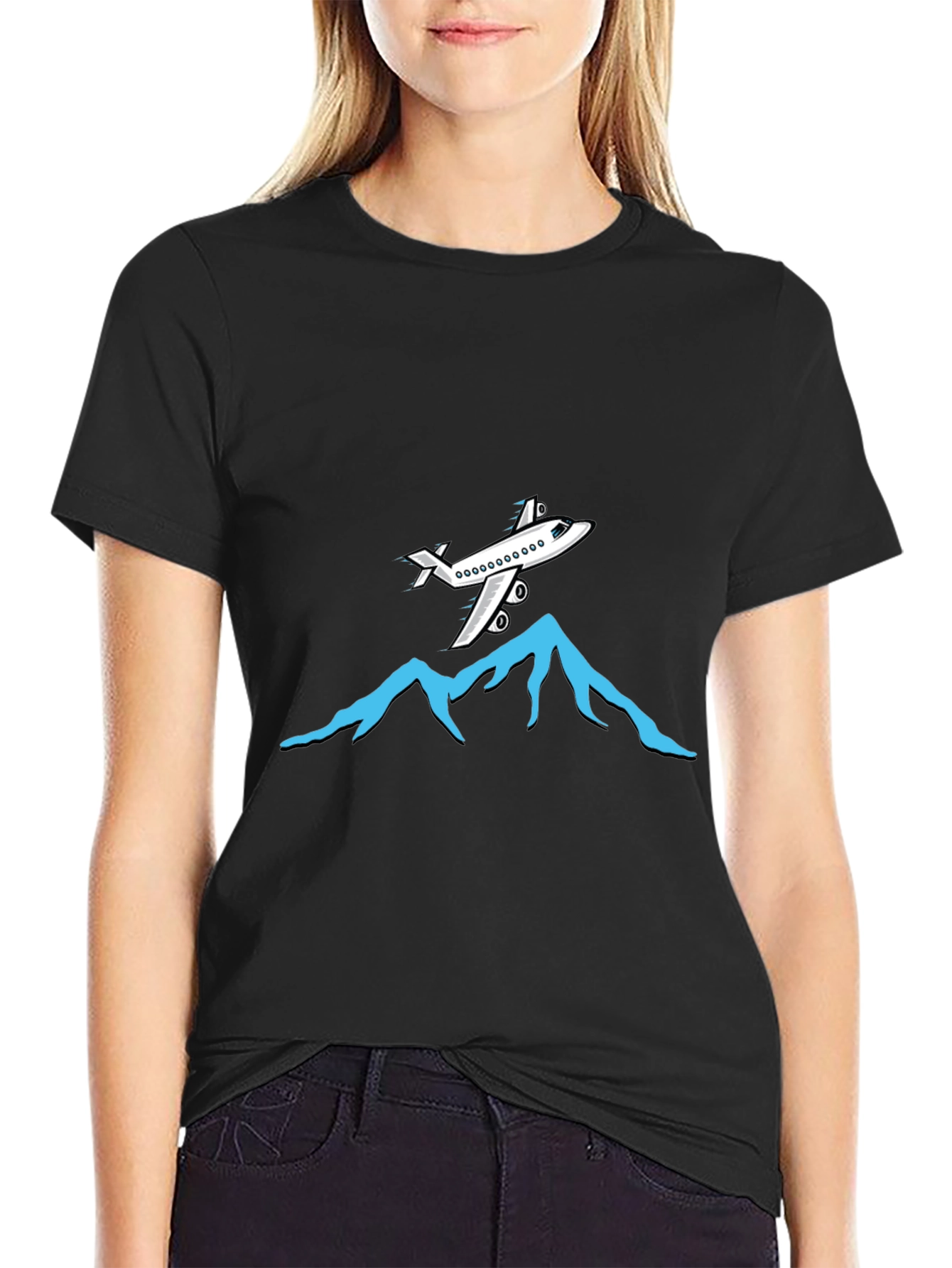 Airplane Over Mountains Graphic Tee - Black