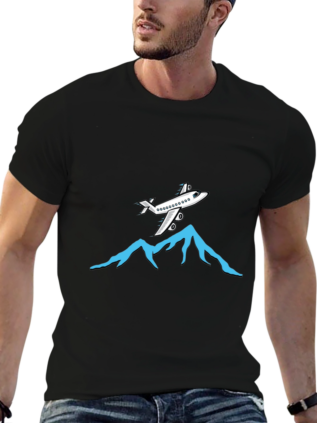 Airplane Over Mountains Graphic Tee - Black