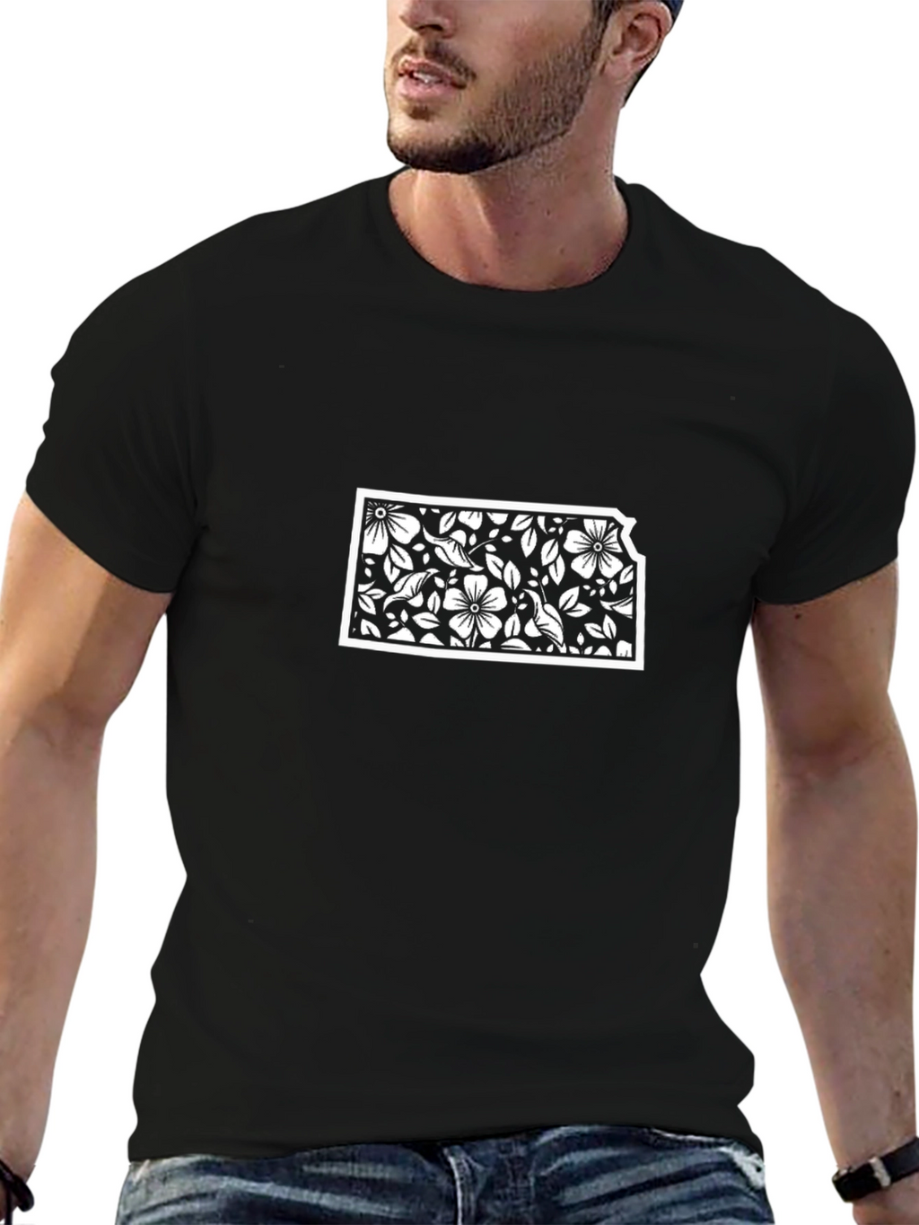 Floral Kansas State Outline Black T-Shirt