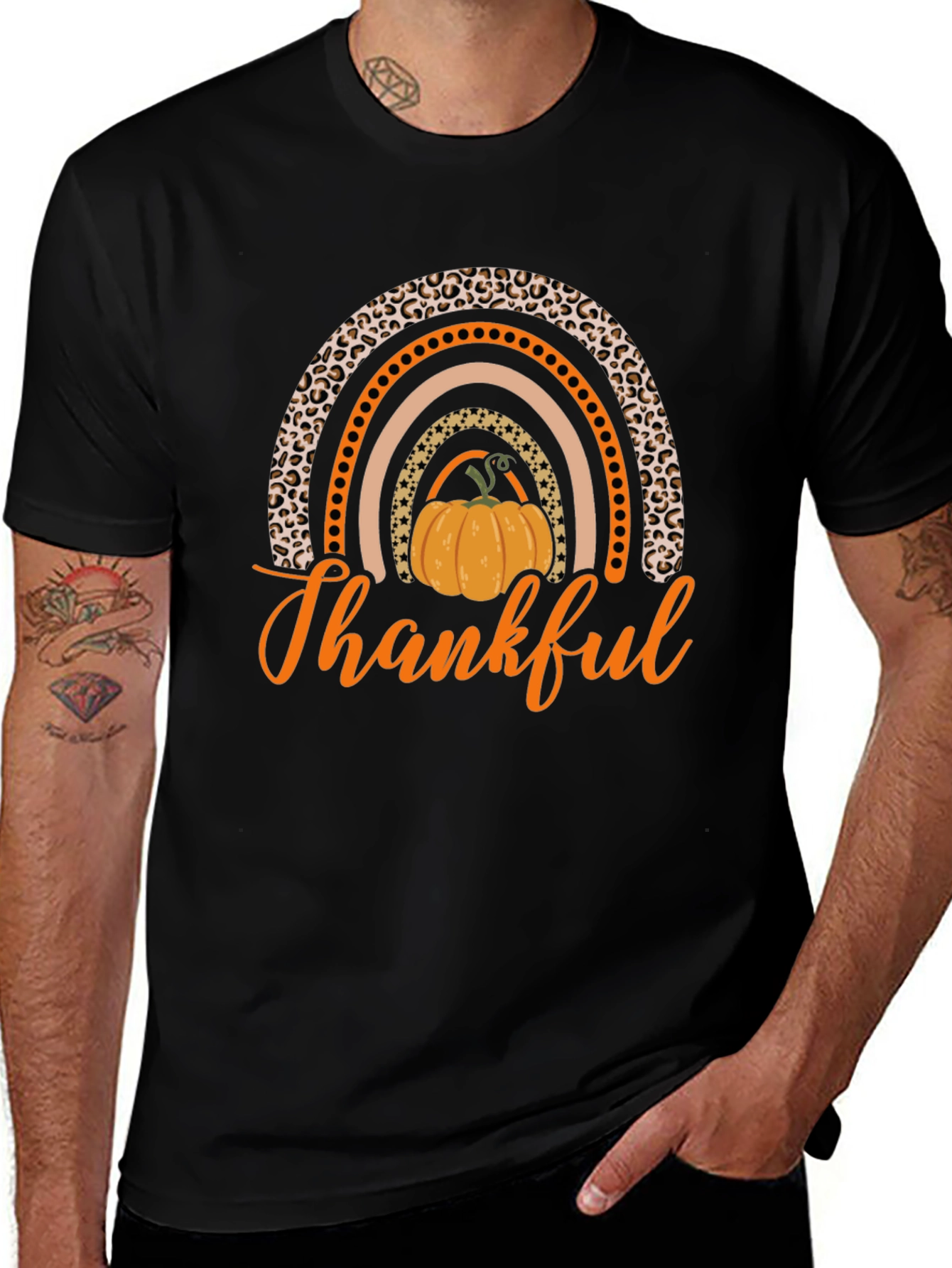 Thankful Pumpkin Rainbow Black T-Shirt
