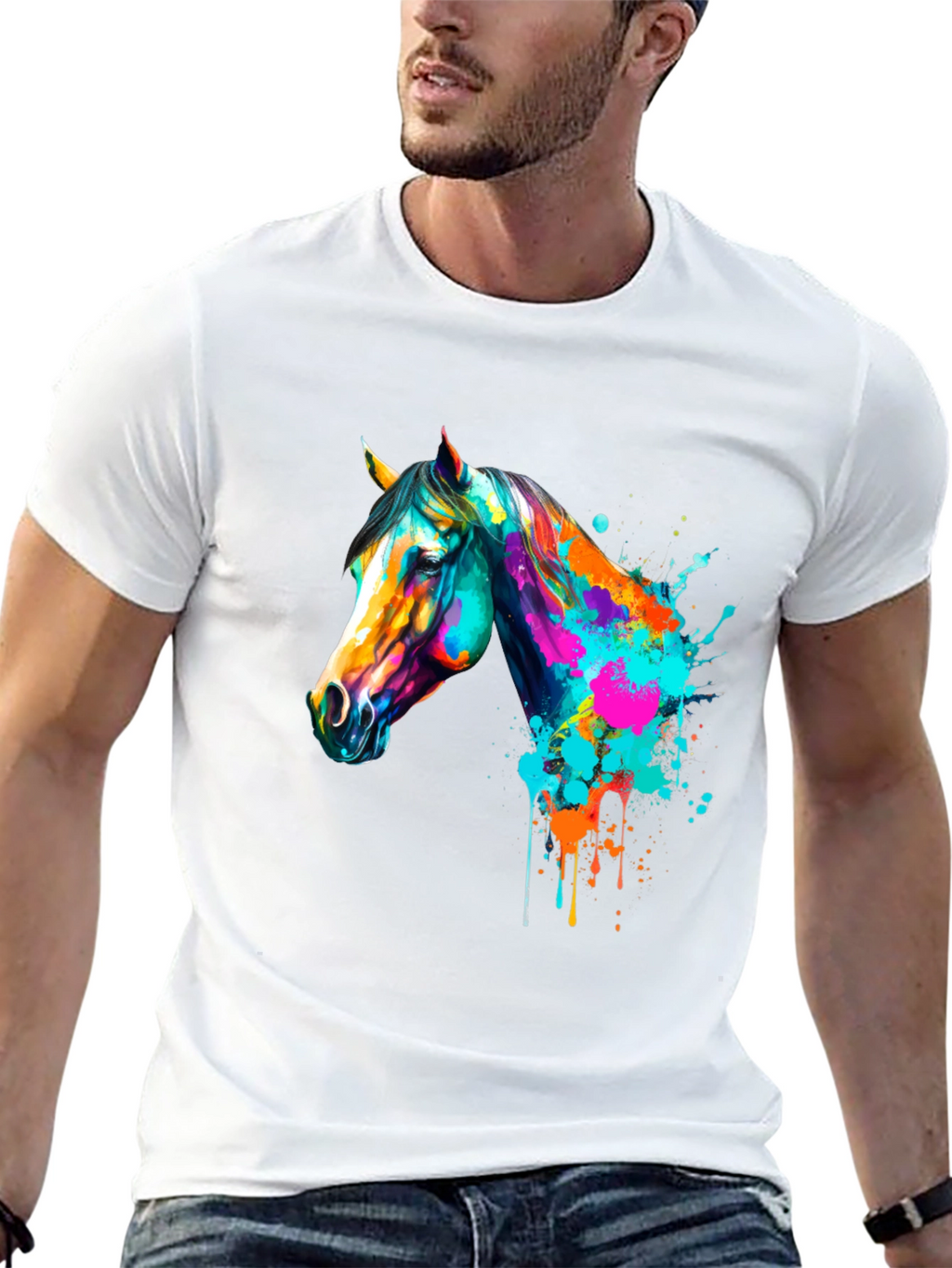 Vibrant Horse Graphic Print Mens Black T-Shirt