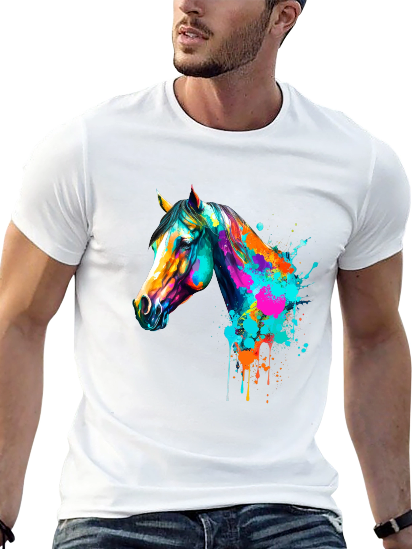 Vibrant Horse Graphic Print Mens Black T-Shirt