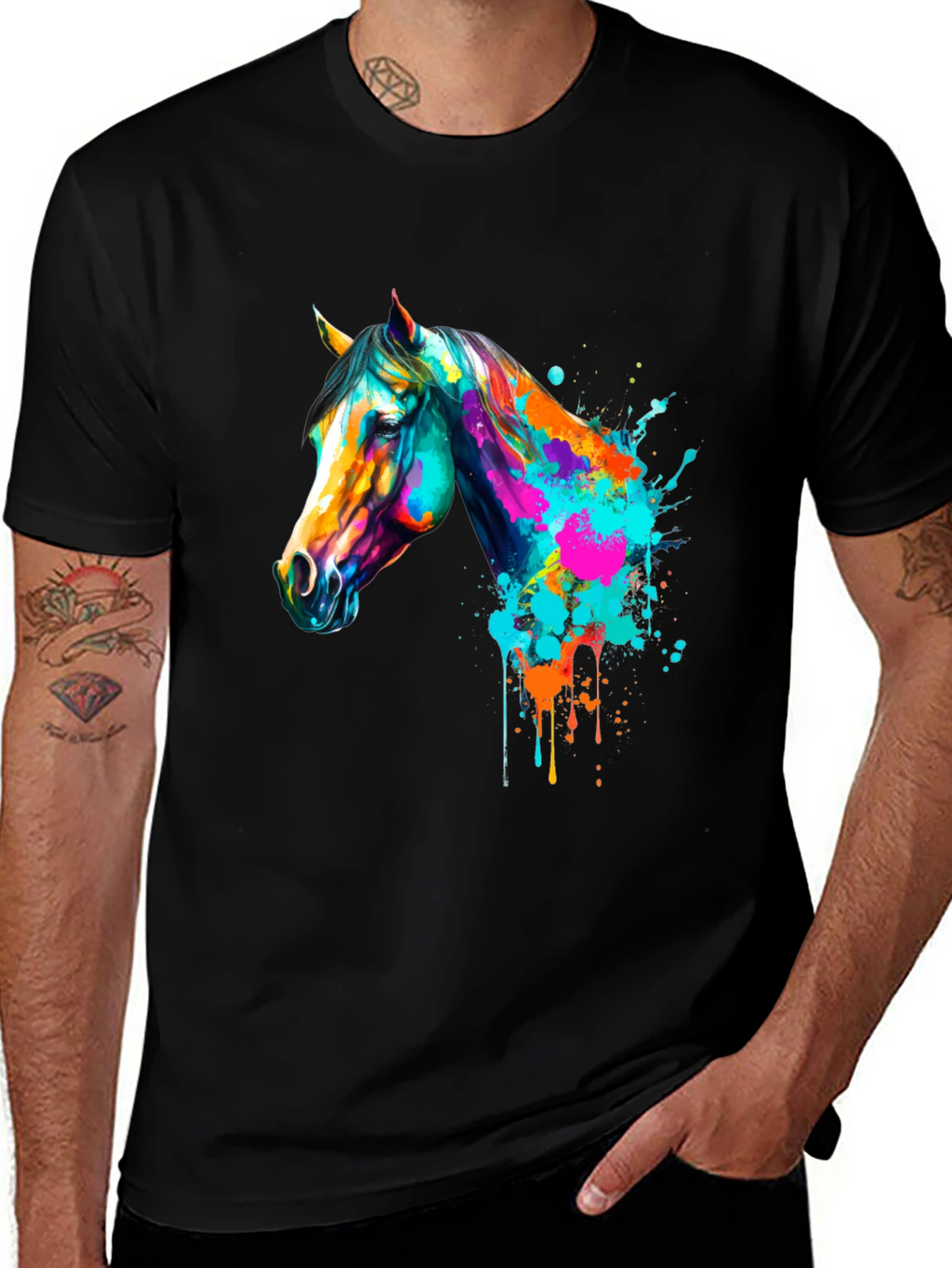 Vibrant Horse Graphic Print Mens Black T-Shirt