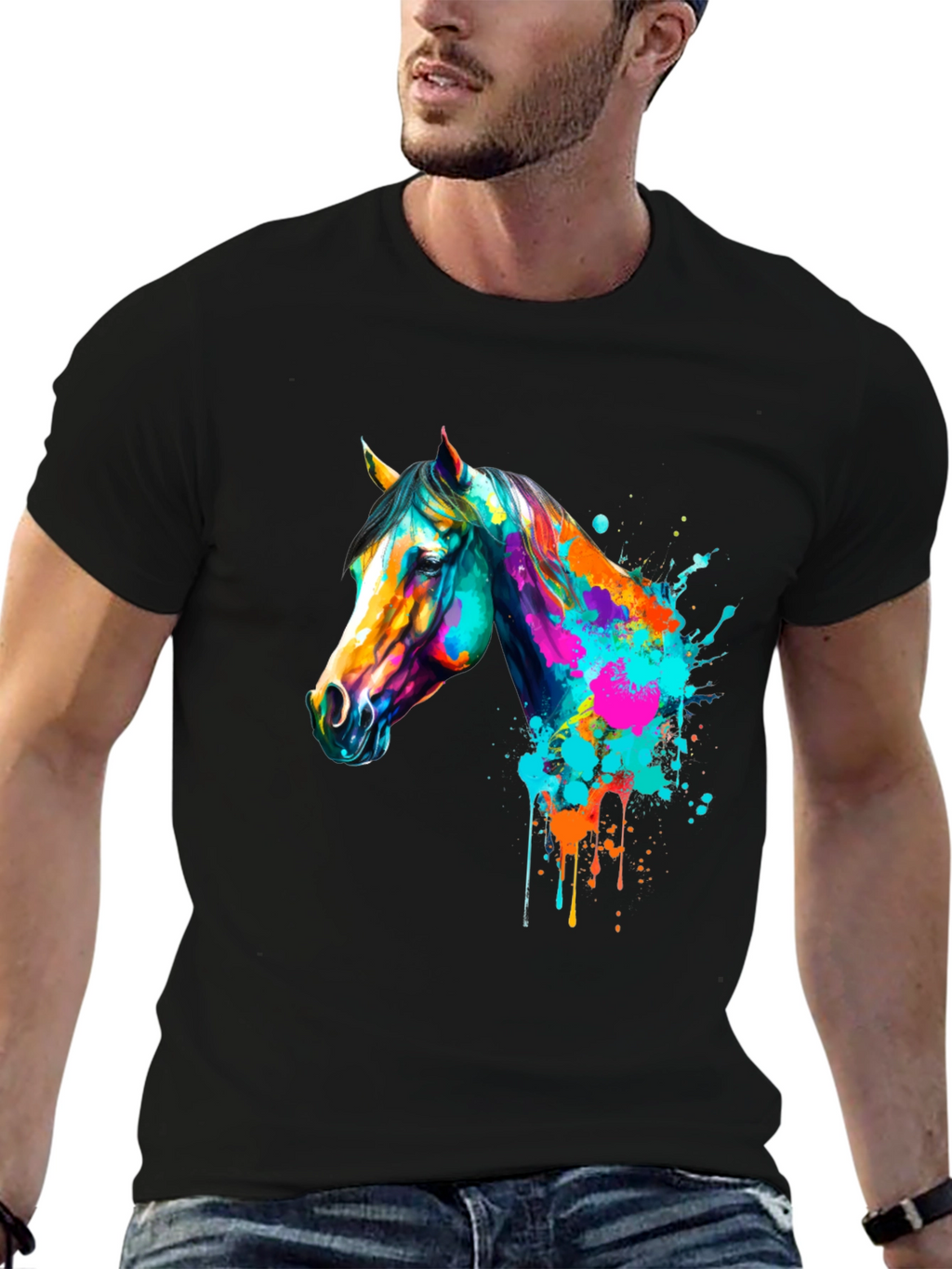 Vibrant Horse Graphic Print Mens Black T-Shirt