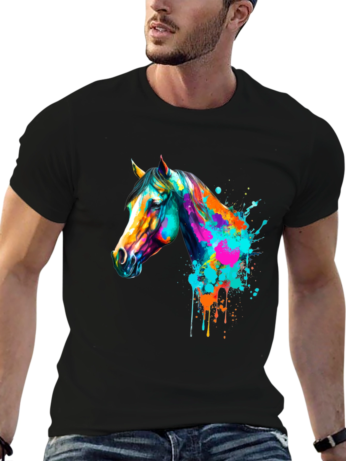 Vibrant Horse Graphic Print Mens Black T-Shirt