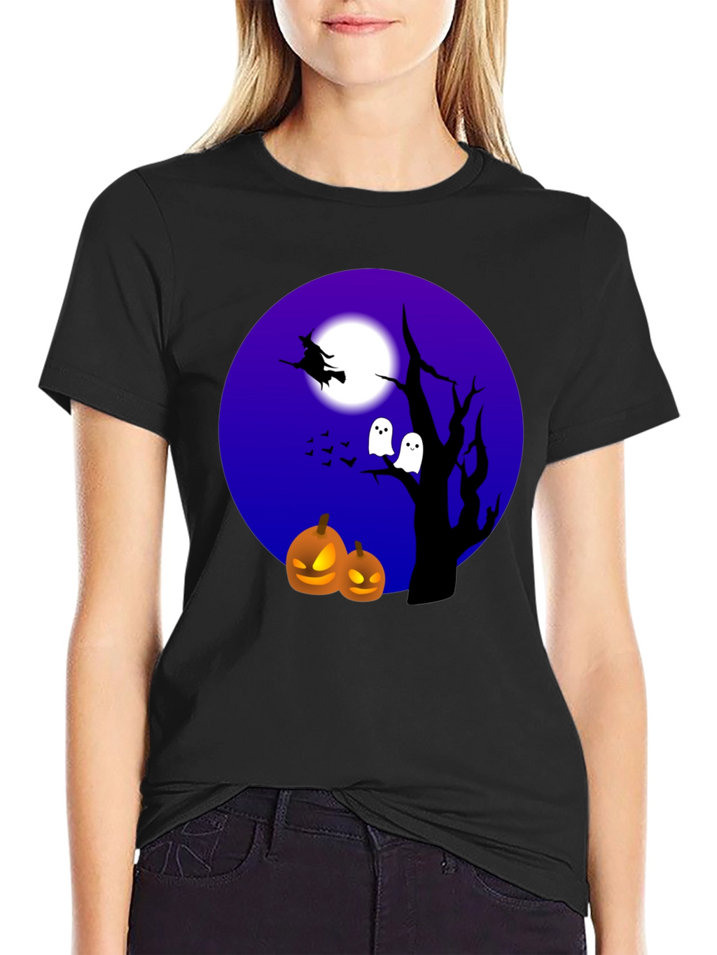 Halloween T-Shirt Witch Ghosts Pumpkins Black