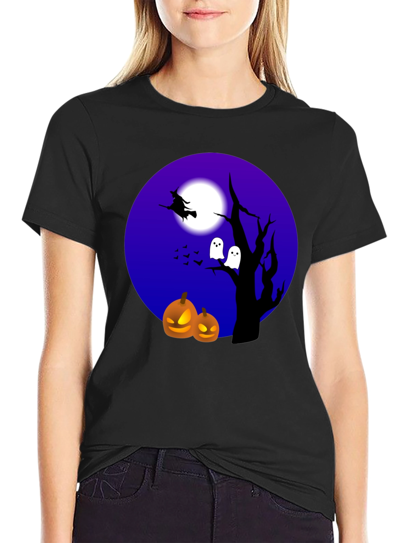 Halloween T-Shirt Witch Ghosts Pumpkins Black