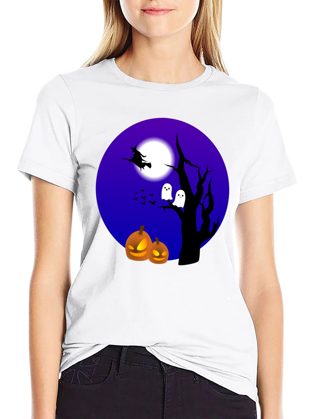 Halloween T-Shirt Witch Ghosts Pumpkins Black
