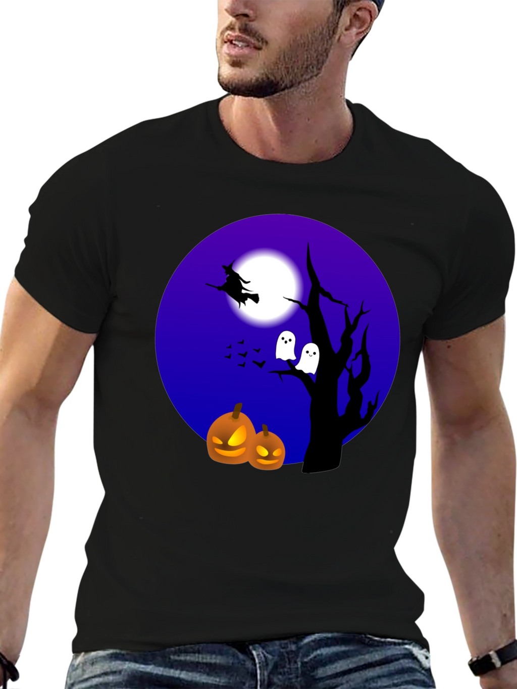 Halloween T-Shirt Witch Ghosts Pumpkins Black