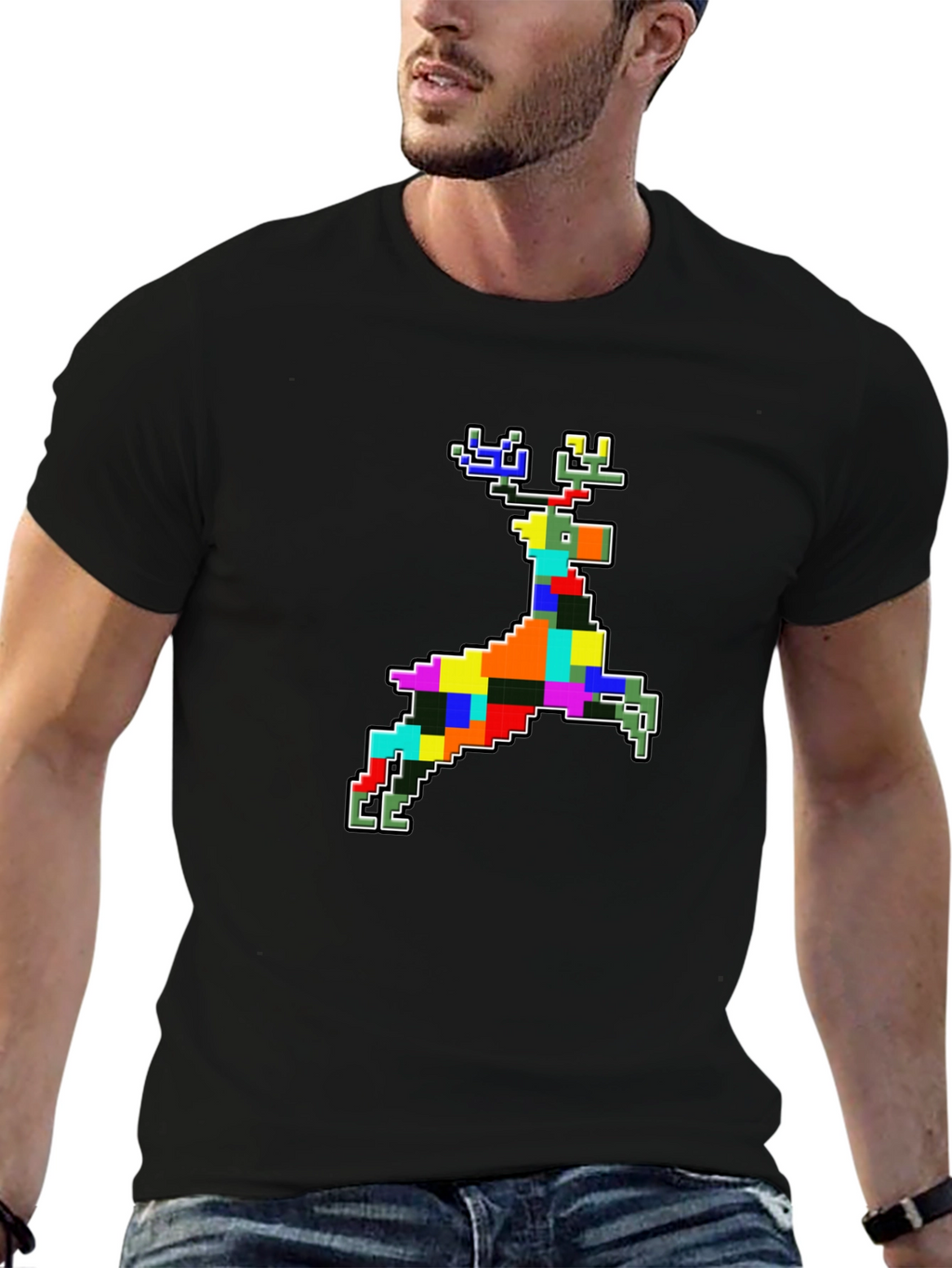 Pixelated Reindeer Black T-Shirt