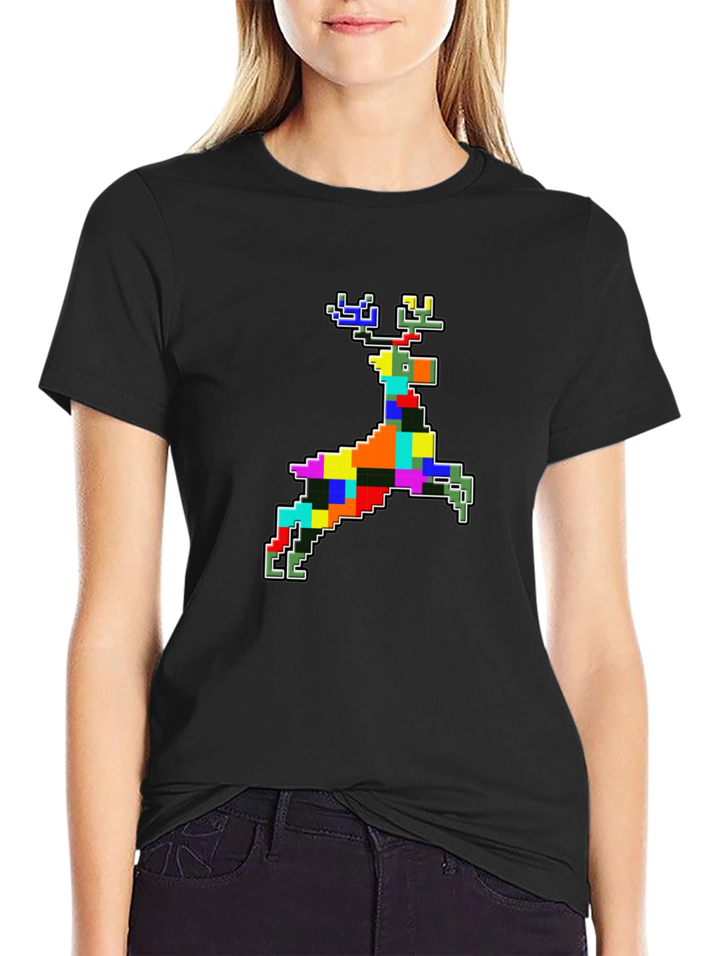Pixelated Reindeer Black T-Shirt