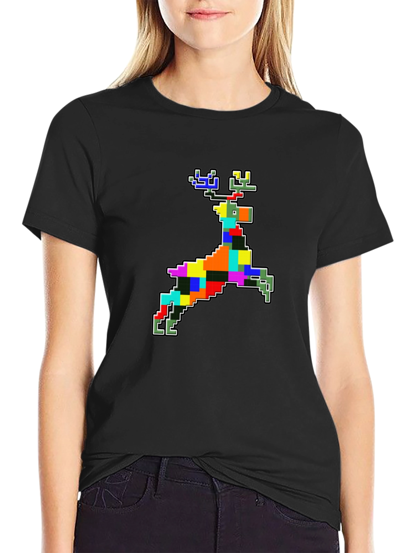 Pixelated Reindeer Black T-Shirt