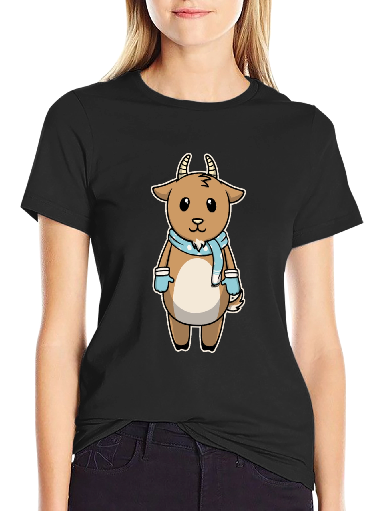 Cute Goat Cartoon Black T-Shirt