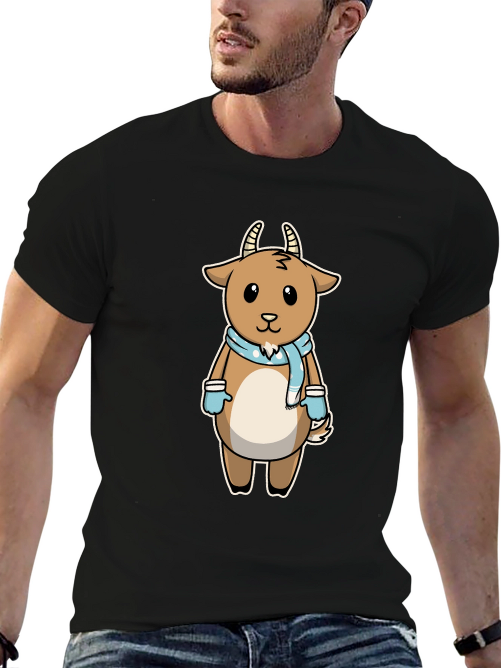 Cute Goat Cartoon Black T-Shirt