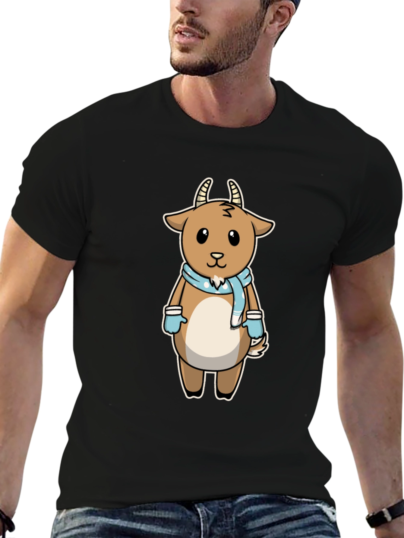 Cute Goat Cartoon Black T-Shirt