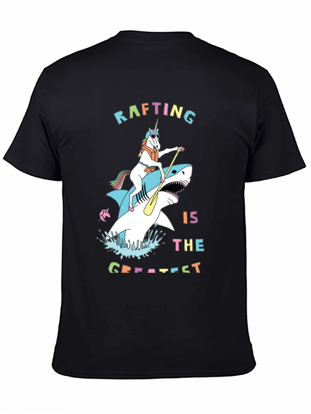 Rafting Shark and Unicorn Black T-Shirt