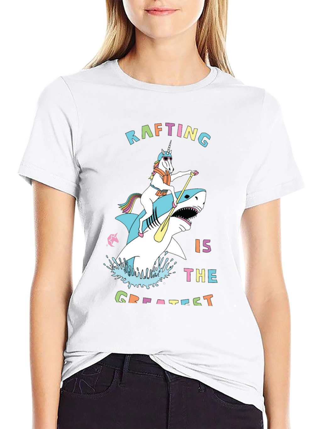 Rafting Shark and Unicorn Black T-Shirt