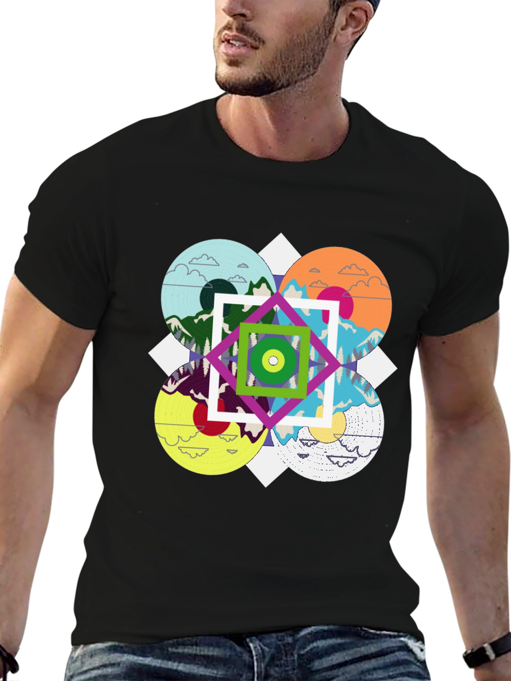 Geometric Mountain Landscape Graphic Tee - Black