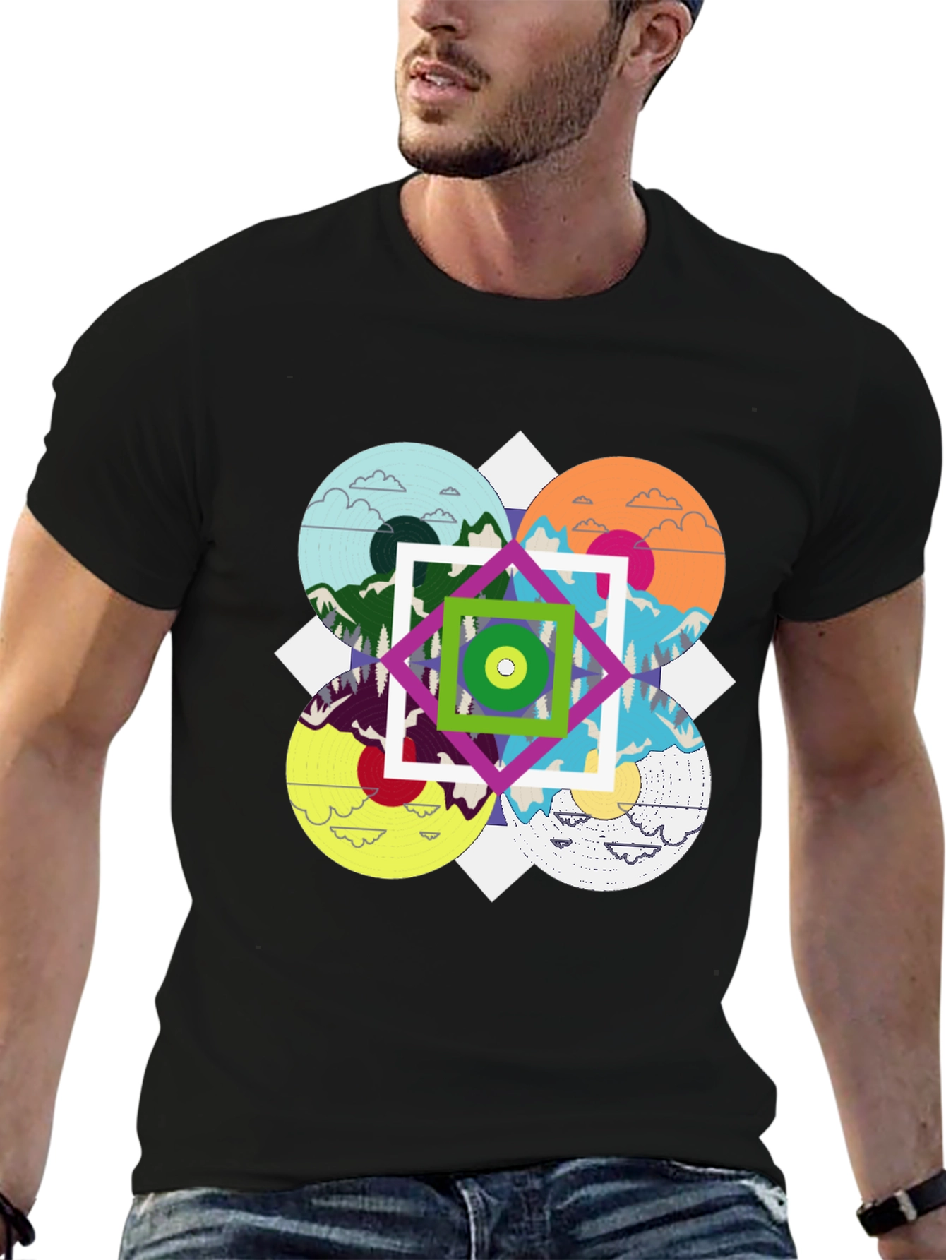 Geometric Mountain Landscape Graphic Tee - Black