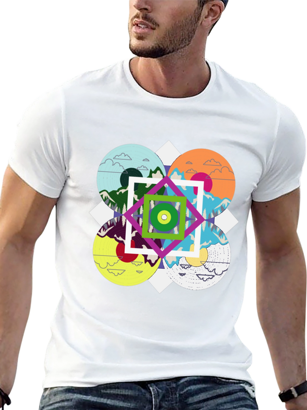 Geometric Mountain Landscape Graphic Tee - Black