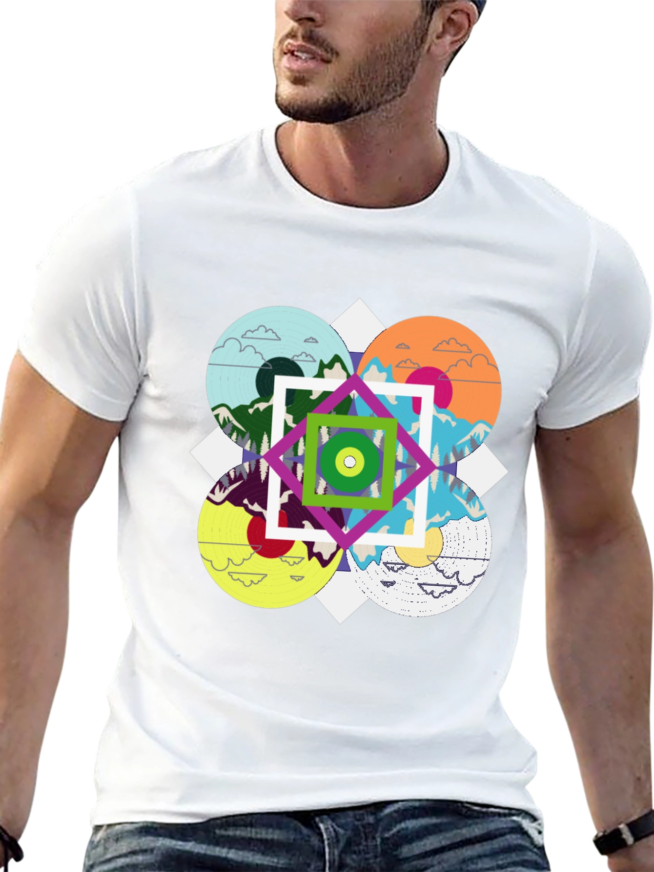 Geometric Mountain Landscape Graphic Tee - Black